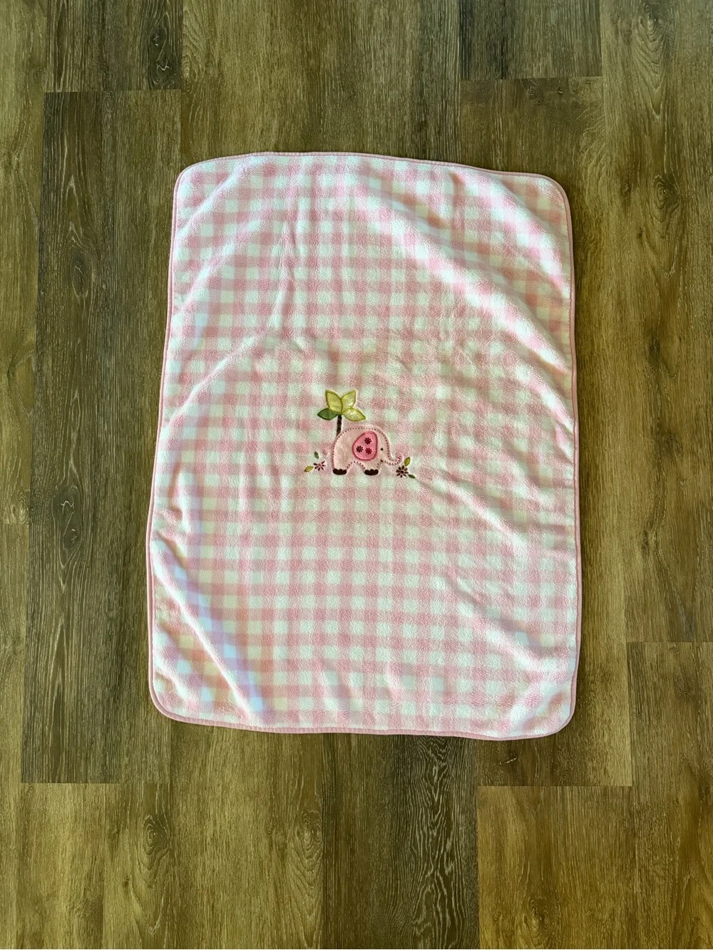 Pink Gingham Baby Blanket Embroidered Elephant Plush Fleece Nursery